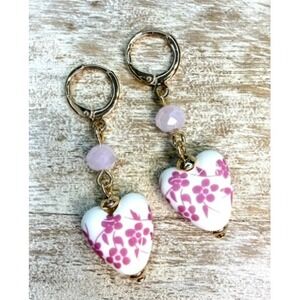 Pink Heart Drop Earrings Coquette Floral Glass Gold Hoop Huggie Earrings